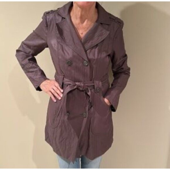 Vtg Y2K Cache Women's Sz M Double Breasted Blazer Short Trench Coat Belted Brown - Picture 2 of 14